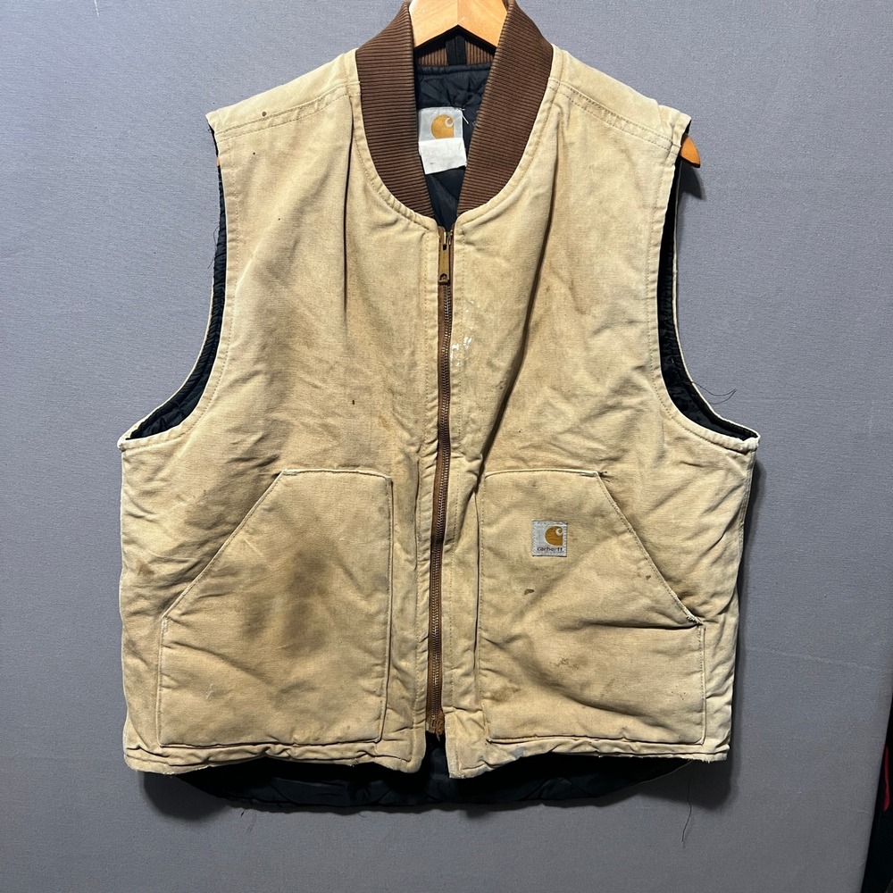 Vintage Carhartt Duck Canvas Quilted Lined Work Vest Tan Distressed Mens XL